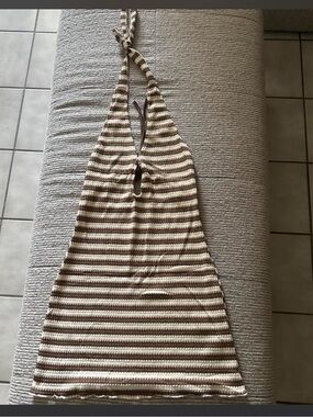 Striped Crochet Halter dress or cover up in Cream and Brown